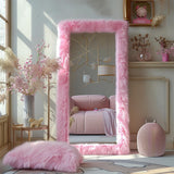 Anpark Full Length Mirror Free Standing Furry Faux Fur Framed Full Body Floor Mirror Wall Mounted Leaning Hanging Wall for Bedroom Hallway Entrance, 71"x32", Pink