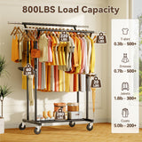 YGleeao Heavy Duty Clothes Rack: 800LBS Rolling Clothing Garment Rack for Hanging Coat Double Rods Portable Cloth Racks with Wheels Shelf Sturdy Metal Adjustable Wardrobe Bedroom Laundry Living Room