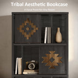 nesture. Bookcase & Bookshelf Set of 2 with Movable Bookends, 4-Tier Open Storage Shelves, Beveled Gliding Doors, Large Wooden Display Cabinet for Living Room, Home Office, Bedroom, Black