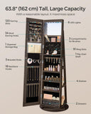 SONGMICS 6 LEDs Lockable Mirror Jewelry Cabinet, 360° Swivel Jewelry Organizer Armoire Standing, Frameless Full-Length Mirror, 3 Storage Shelves, Ash Brown Surface, Black Lining UJJC007K02