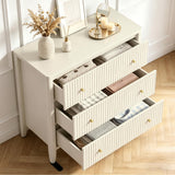 Fatmok Fluted 3 Drawer Dresser for Bedroom Set of 2, 34" Wide Chest of Drawers, Modern Wood Nightstand End Table with Metal Handles, Striped Storage Cabinet for Living Room, Hallway, Alabaster White