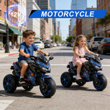 12V Electric Kids Motorcycle for 3-8 Year Old Boys Girls, 3-Wheel Ride-On Toy Motorbike with Lighting Wheels, Music Player (Connect with Phone) and Hand Drive (Blue-2)