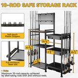 SOYEEZE Fishing Rod Holders for Garage, 3 Storage Boxes for Reels & Fishing Accessories, 10 Rod Capacity Fishing Pole Holder with Pegboard, and 3-Tier Shelf for Tackle Box, Fishing Gear Organizer