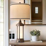 G-SAFAVA 25'' Table Lamp for Living Room Bedroom Farmhouse Metal Lamps with 2 USB Ports, Built-in Frosted Glass Night Light Vintage Industrial Nightstand Bedside End Lamp, 2 Bulbs Included, Bronze