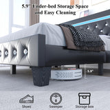 Holiway Full Size Bed Frame with LED Lights & Charging Station, Faux Leather Upholstered Platform Bed, Adjustable Crystal Button Headboard, Solid Wood Slats, No Box Spring Needed, Black