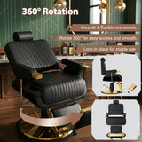 Felivine Reclining Barber Chair, Heavy Duty Hydraulic Barber Chair for Barbershop, Barber Salon Chairs with Vertical Stitch PU Leather, Adjustable Headrest & Footrest, 360° Swivel, Black and Gold
