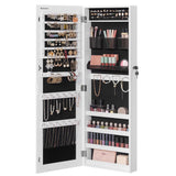 SONGMICS Jewelry Cabinet Armoire, Lockable Wall-Mounted Organizer Unit with 2 Plastic Cosmetic Storage Trays, Full-Length Frameless Mirror, White UJJC001W01
