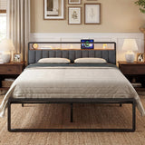 Woanke Queen Size Bed Frame with Storage, Queen Bed Frame with Headboard & LED Lights & Charging Station, Black Queen Bed Frame No Box Spring Needed, Metal Bed Frame Noise-Free/Simple Assembly, Black
