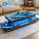 Nordivale 47” High-Glossy LED Coffee Table with 2 Sliding Drawers, Living Room Storage Coffee Tables, Modern Stylish Double-Layer Center Tables with LED Lights, Black