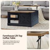 Tltaroni Farmhouse Lift Top Coffee Table, Wood Square Coffee Table with Sliding Barn Door and Adjustable Shelf Rustic Center Table with Hidden Storage Compartment for Living Room, Black