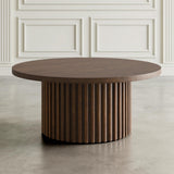 Jofran Auden 40" Round Mid-Century Modern Fluted Pedestal Coffee Table with Casters for Living Room, Accent Table, Chestnut