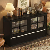 47.24" Solid Wood Storage Cabinet with Glass Doors and Drawers, Black Sideboard Organizer for Living Room, Dining Room, Entryway, Kitchen or Home Office