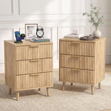 Go Beyond Fluted Night Stand with Charging Station, 3 Drawers Large End Table, Natural Nightstand Set of 2 with Storage, Wood Bedside Tables for Living Room, Bedroom (Wooden)