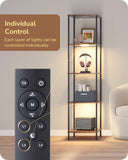 EDISHINE RGBW Standing Lamp, 5-Tier Display Shelf with Light, Adjustable Brightness & Color Temperature, 3 Lighting Modes, Remote Control, Stable Floor Lamps for Living Room, Fire-Burned Wood Color