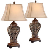 Traditional Table Lamps 32.5" Tall Set of 2 Bronze Brown Carved Leaf Openwork Vase Tan Rectangular Shade Decor Barnes and Ivy