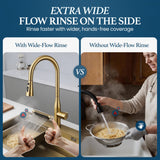 STiLWERK Waterfall Kitchen Faucet with Pull-Down Sprayer, 3 Flow Modes (Sweep/Stream/Waterfall), 360° Swivel, Stainless Steel Sink Faucet for Farmhouse, Camper, Bar, Laundry, Rv, Brushed Gold