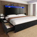 Uteeran Queen Size Bed Frame with 2 Bedside Storage Racks & 4 Locking Drawers, 51.2" Tall Headboard with Charging Station & RGB LED Lights, Farmhouse Platform Bed Frame, No Box Spring Needed, Black