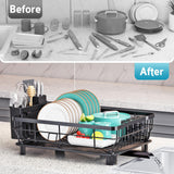 Dish Drying Rack - Space Saving Dish Rack - Dish Racks for Kitchen Counter with Drainboard,Rustproof Dish Drainer with Removable Utensil Holder, Black