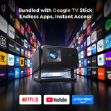 Smart Projector [Bundled with Google TV Stick & 4K Support] with WiFi and Bluetooth, Portable Mini Movie Short Throw Projector Outdoor with Built-in Apps Auto Focus for Home Theater Bedroom Ceiling