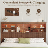Uteeran King Size Bed Frame and Tall Headboard & Storage, Metal Platform Bed Frame with 4 Storage Drawers, King Bed Frame with LED Lights & Charging Ports, No Box Spring Needed, Noise-Free, Brown