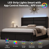 Queen Upholstered Bed Frame with Headboard and LED Lights, Modern Faux Leather Bed Frame with Wooden Slats Support and Heavy Duty Mattress Foundation, No Box Spring Needed, Easy Assembly, Black