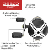 Zebco Bullet MG Spincast Fishing Reel, Size 30 Reel, Ultra-Lightweight Magnesium Body, Changeable Right- or Left-Hand Retrieve, Oversized Non-Slip Handle Knob, Dark Silver, Clam Packaging