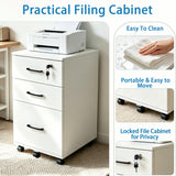 ALBSL File Cabinet With Lock, 3 Drawer Wood Rolling Filing Under Desk for Home Office, Storage Fits Letter/A4 Size, Mobile Printer Stand, White