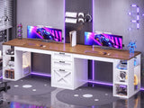 Farmhouse 96.5" Computer Desk with Drawers, 2 Person Home Office Desk, Gaming Double Desk with Storage Shelves