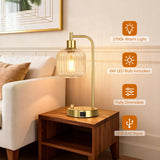 QiMH Industrial Table Lamp for Bedroom Set of 2, Clear Glass Beside Lamp with USB A&C Ports, Stepless Dimmable Gold Lamps, Nightstand Lamps for Living Room, Office, Home Decor(Bulb Included)