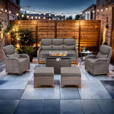 Luxury High Back Outdoor Furniture with 6-inch Extra Thick Cushions, Patio Furniture Set with Fire Pit Table & Swivel Chairs, 7 PCS Wicker Conversation Set for Patio, Yard, Deck, Poolside, Brown/Grey