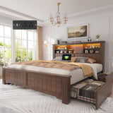 EnHomee Queen Bed Frame with 4 Storage Drawers and Headboard,LED Lights & Charging Ports,Wooden,No Box Spring Needed for Apartment,Heavy-Duty Structure,Noise-Free,Brown