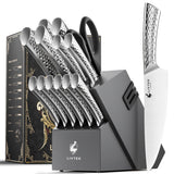Kitchen Knife Set with Block: 15-Piece German Stainless Steel with Dual Sharpener for Cook Enthusiasts - Covers 95% Kitchen Tasks - Silver Full-Tang Ergonomic Handle