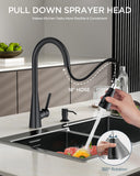 FORIOUS Black Kitchen Faucet with Pull Down Sprayer, Classic High Arc Stainless Steel Faucet for Kitchen Sink, Single Handle for 1 or 3 Hole Decks for RV Bar Farmhouse Laundry Camper