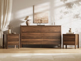 MAISONARIA Walnut 3-Piece Dresser Bedroom Set, 6 Drawers Dresser & 2 Drawer Nightstands with Hidden Handles, Wood Chest of Drawers for Bedroom, Living Room, Entryway