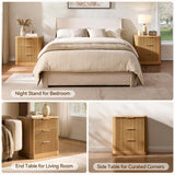 Lerivos Modern Fluted Nightstand Set of 2 with 3 Drawers, 22.8" Wide Wooden Bedside Table in Natural Oak, Faux Marble Top, Metal Handle, Curved Silhouette Design for Bedroom, Living Room, Office