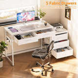 Reversible Computer Desk with 5 Drawers, Sturdy Office Desk with Power Outlets and USB Ports