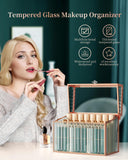 Youdepot Tempered Glass Makeup Organizer & Lipstick Holder with 24 Slots-Countertop Cosmetic Organizer for Vanity with Brush Holder Ideal Large Makeup Storage Drawer Organizer for Bathroom & Dresser.