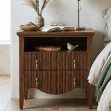 FUSUNBAO Set of 2 Nightstand with Charging Station, Vintage Bedside Table with 2 Fluted Drawers and Open Shelf, Rustic End Table with Power Outlet and USB Ports for Bedroom, Walnut