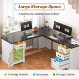 Farmhouse 69" Executive L Shaped Desk, Home Office Desk with Drawers and Storage Cabinet & Power Outlet