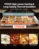 VEVOR Commercial Food Warmer, 1700W Electric Stainless Steel Steam Food Warmer with Glass Cover, 10-Pan Countertop Buffet Bain Marie with Soup & Perforated Ladles, for Catering, Restaurant & Party
