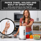 Stainless Steel Paper Towel Holder with Tension Arm and Spray Pump – One-Handed Tear, Smart Traction System, Heavy Duty Suction Cups, Weighted Base, Kitchen Towel Dispenser for Countertop Use (Silver)