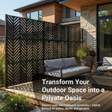 Metal Privacy Screen Outdoor – 6FT Freestanding Decorative Steel Panel with Stand, Laser-Cut Chevron Pattern Modern Privacy Divider