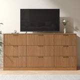 NOVAMAISON Fluted Dresser for Bedroom with 9 Drawer, 63” Wide Wooden Dresser Mid Century Chest of Drawers with Handle, Dressers TV Stand Storage Organizer for Bedroom, Living Room, Natural Wood