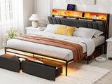 IKIFLY King Bed Frame with Dustproof Storage Drawers, Ergonomic Hidden Storage headboard with Charging Station, Upholstered LED King Platform Bed, No Box Spring Needed, Easy Assembly, Dark Grey