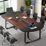 Walnut and Black Conference Room Table Curved for Office with Rectangle Grommet, Modern Meeting Table for Office