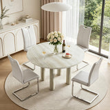 SSLine Faux Mars Stone Round Dining Table Set for 4 w/White Leather Chair