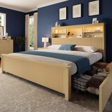Uteeran King Size Bed Frame and Tall Headboard & Storage, Metal Platform Bed Frame with 4 Storage Drawers, King Bed Frame with LED Lights & Charging Ports, No Box Spring Needed, Noise-Free, Natural