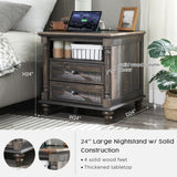 T4TREAM 24'' Farmhouse End Table w/4 Solid Wood Feet Set of 2, Large 2 Drawers Sofa Side Table with Charging Station, Rustic Wood Square Nightstand for Living Room, Bedroom, Office, Dark Rustic Oak