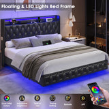 Keyluv Full Floating Bed Frame with LED Lights & Charging Station, Upholstered PU Leather Platform Bed with Button Tufted Storage Headboard, No Box Spring Needed, Noise-Free, Easy Assembly, Black