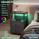 Fixwal Night Stand with Charging Station, LED Nightstand with U-S-B Ports and Outlets for Small Spaces, 2 Fabric Storage Drawers, Bedside Table End Tables Bedroom, Modern Black
